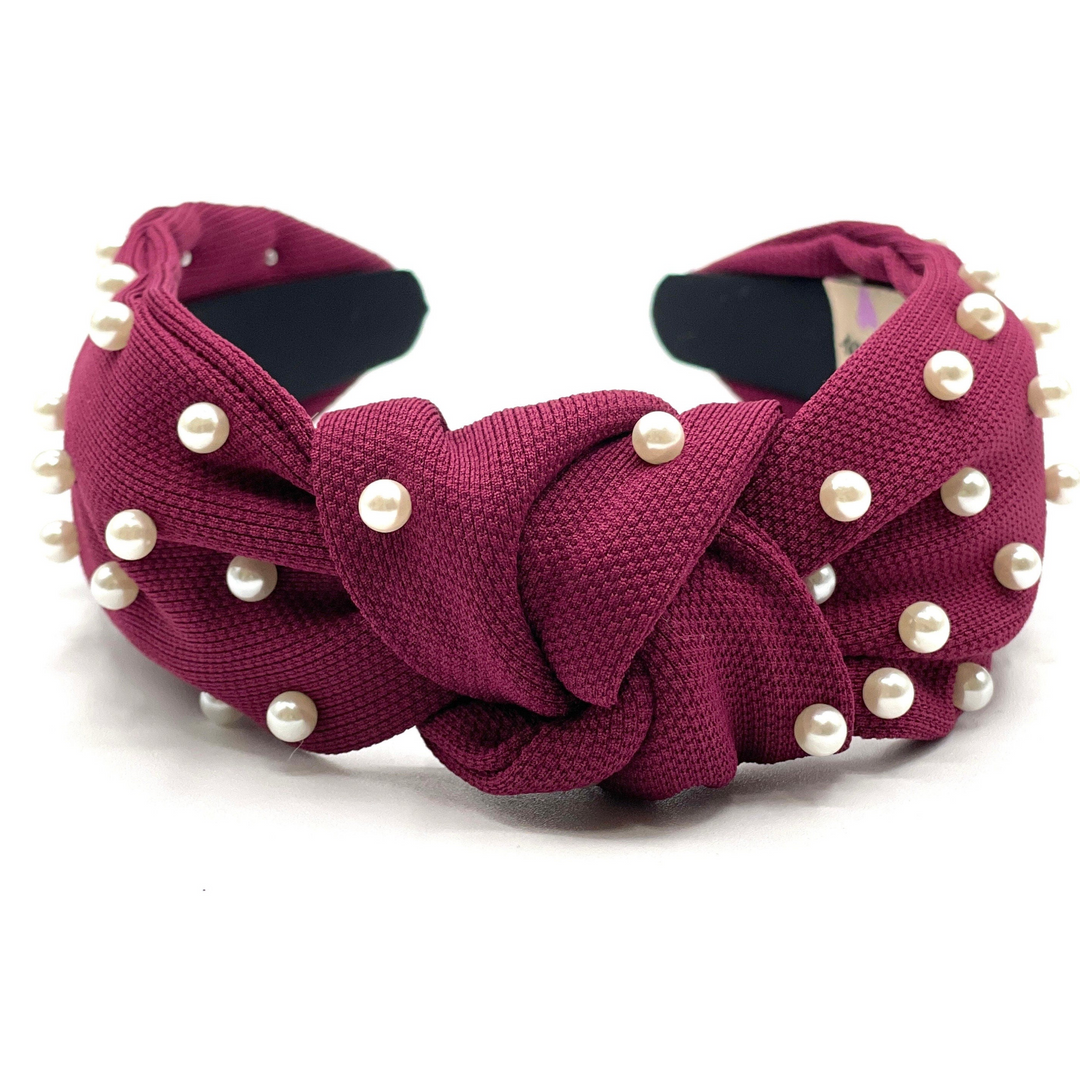 Maroon Knot Headband with White Pearls