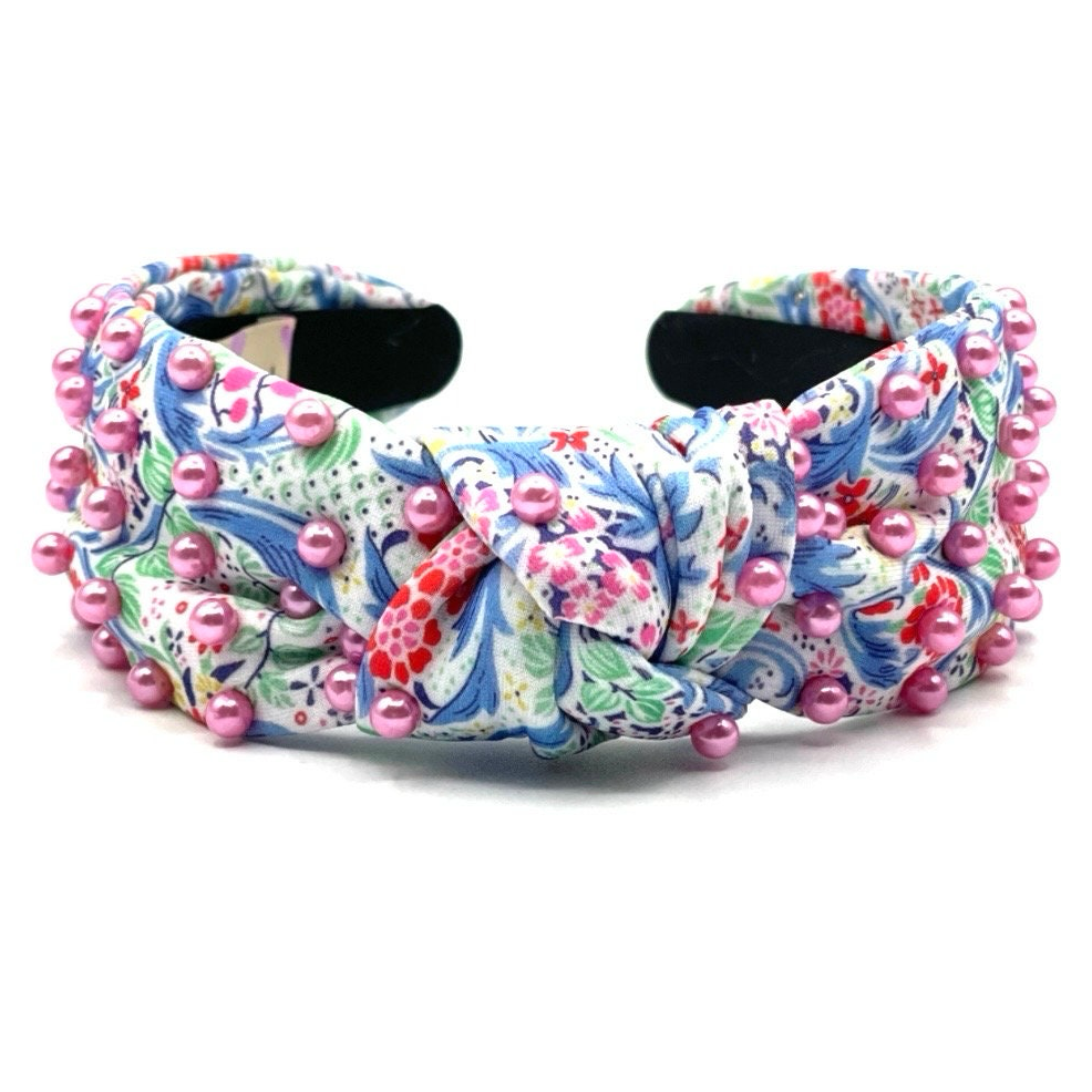 Blue Floral Knot with Pink Pearls