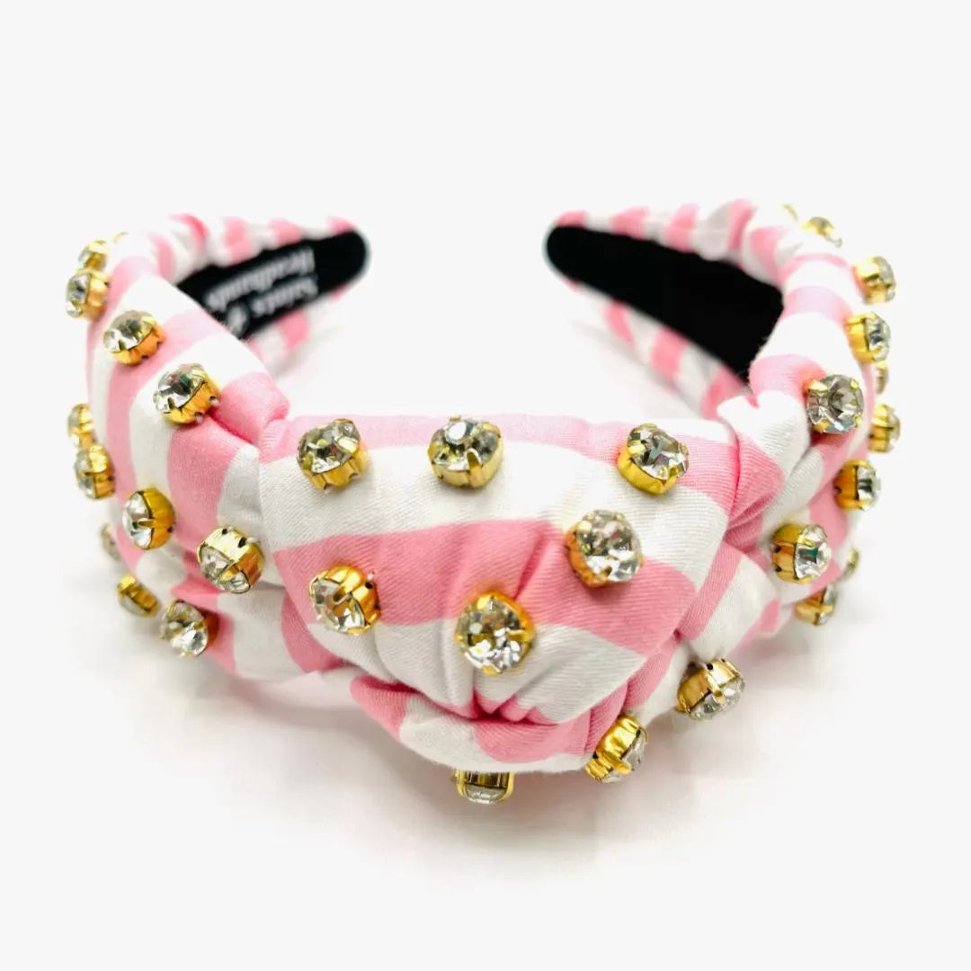 Pink Stripe Knot Headband with Rhinestones