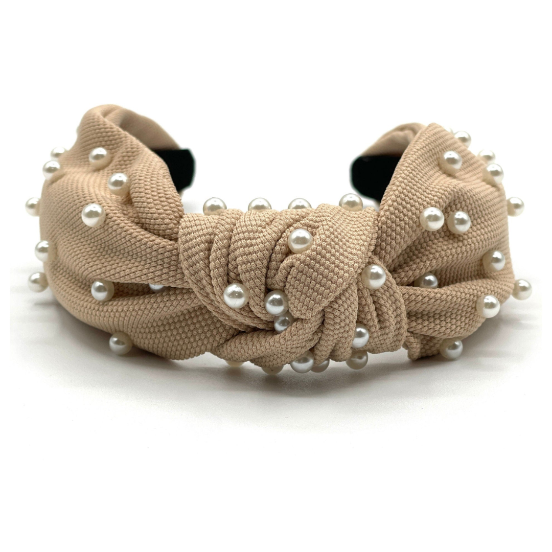 Khaki Knot Headband with White Pearls