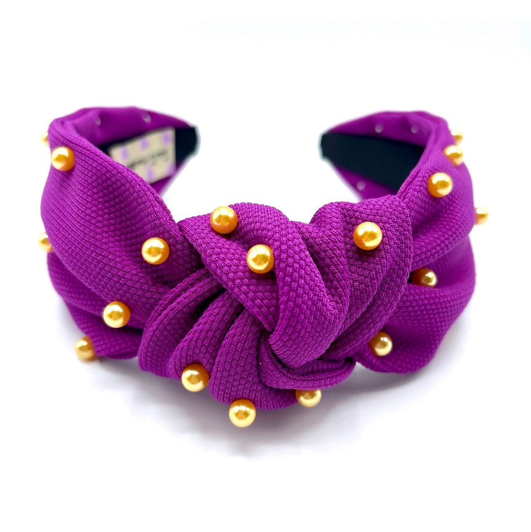 Purple Knotted Headband with Gold Pearls