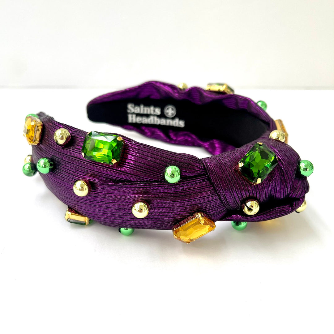 Purple Mardi Gras Knot Headband with Green and Gold Gems