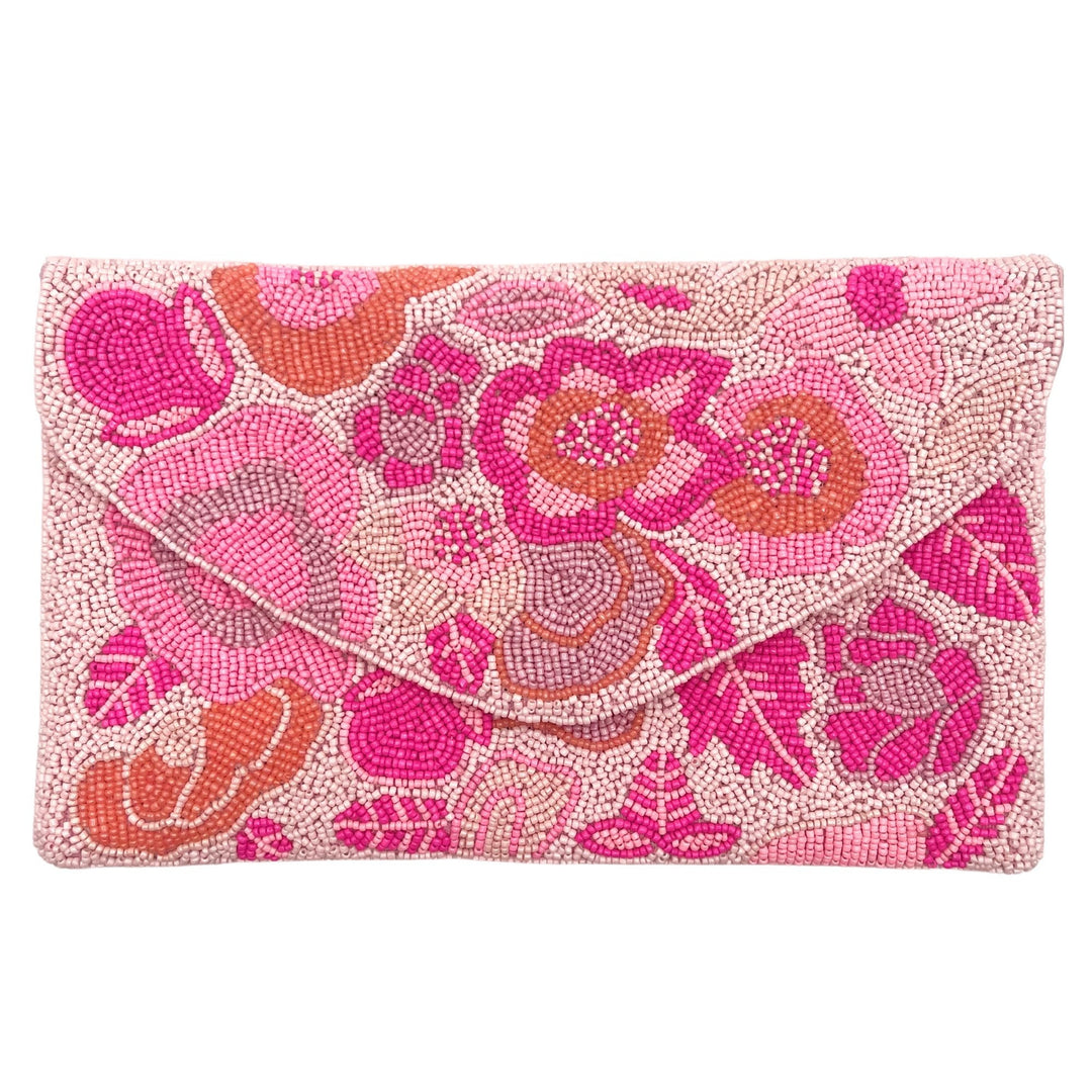 Pink Floral Beaded Bag Clutch