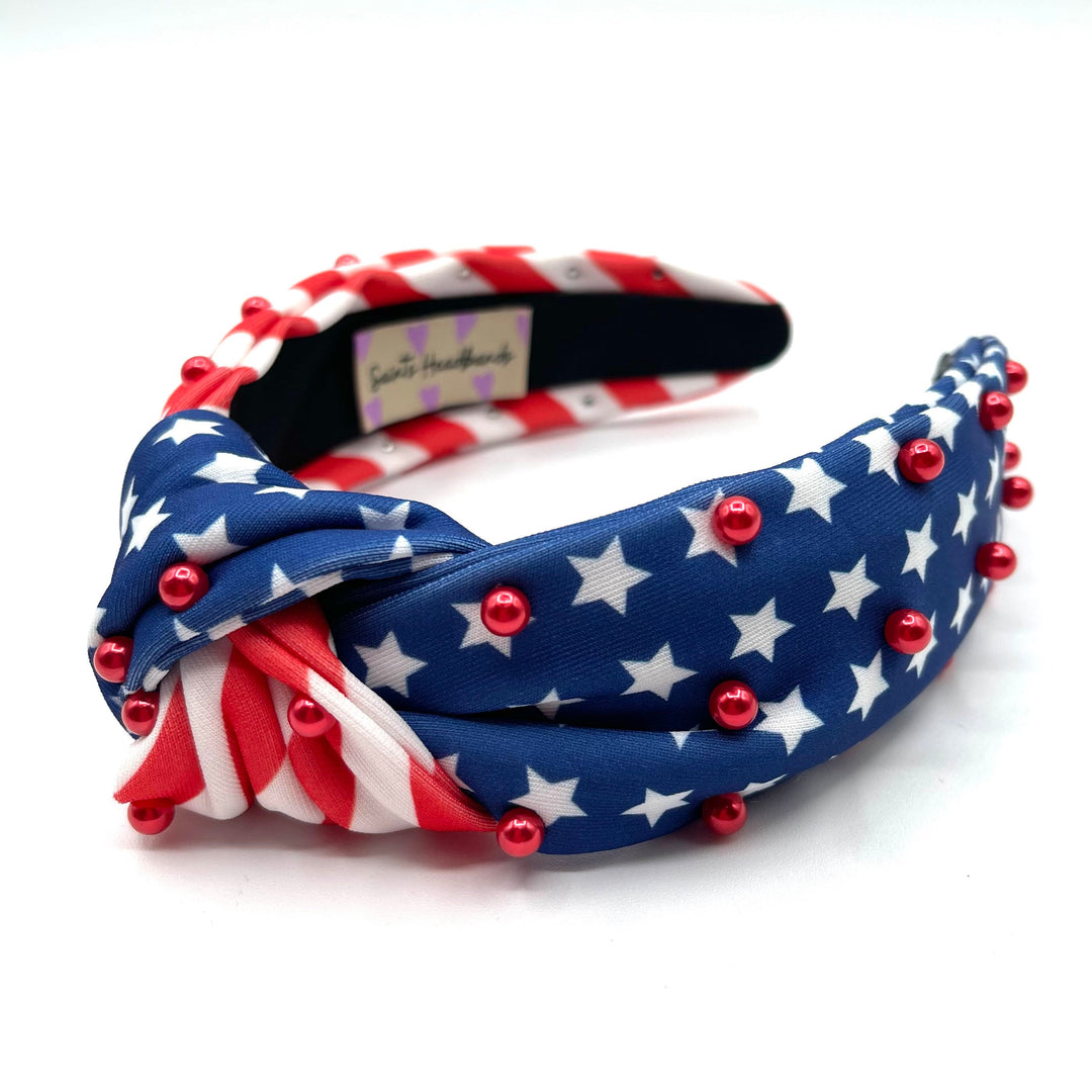 American Flag Knot Headband with Red Pearls