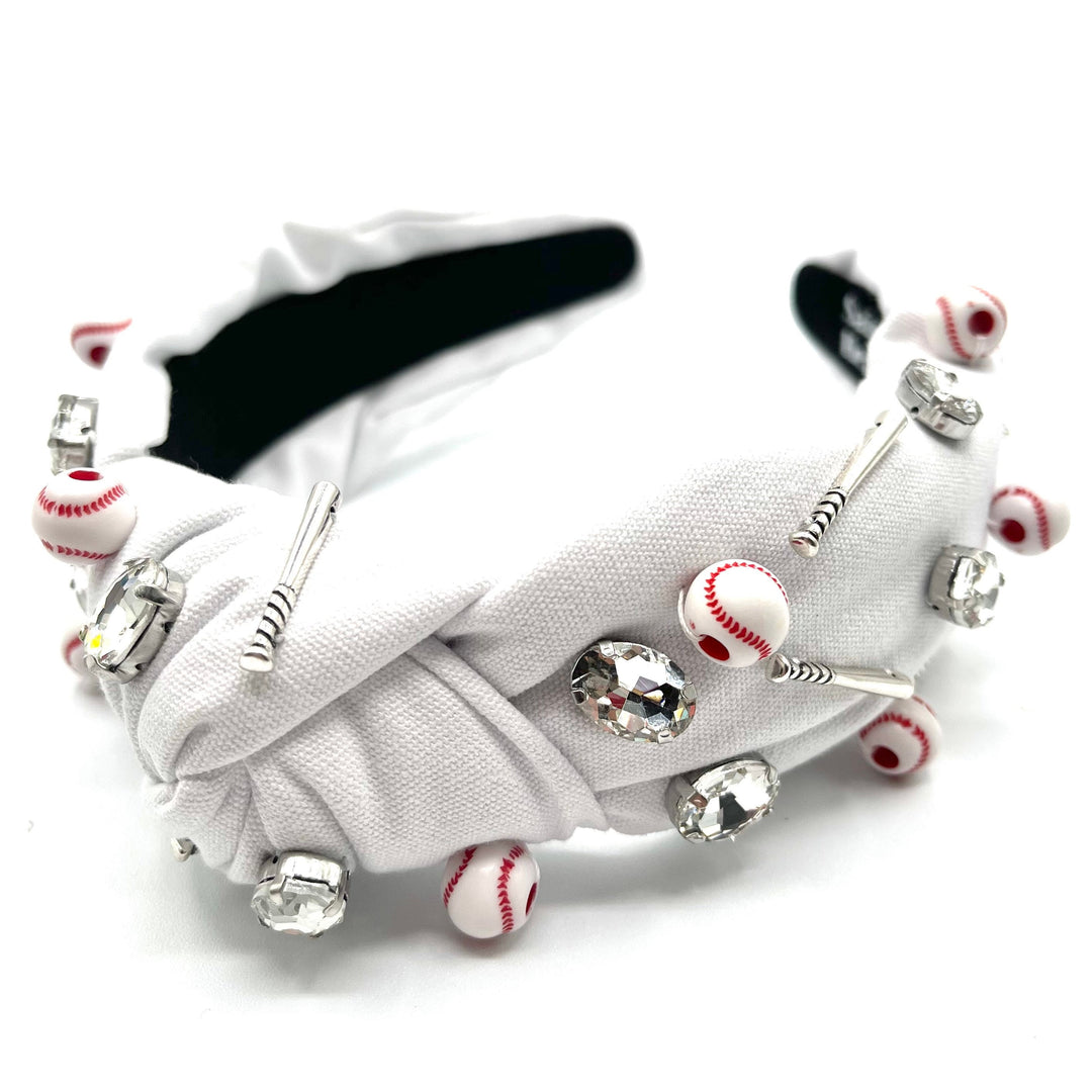 White Baseball Jeweled Knot Headband