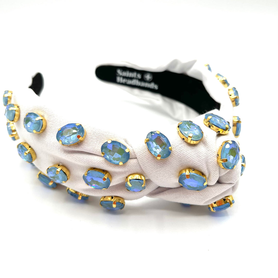 White Knot Headband with Blue Iridescent Gems