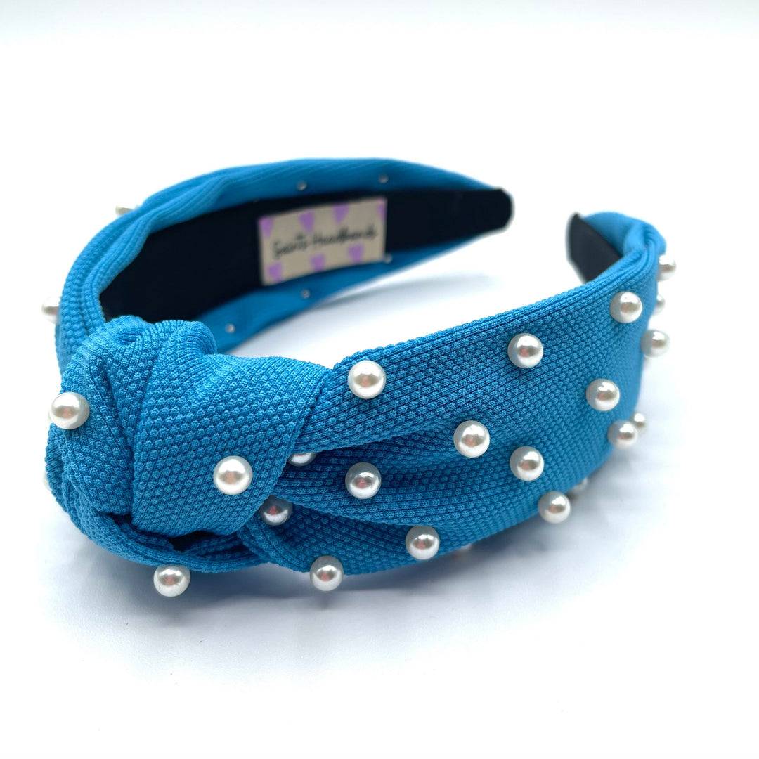 Bright Blue Knot Headband with White Pearls