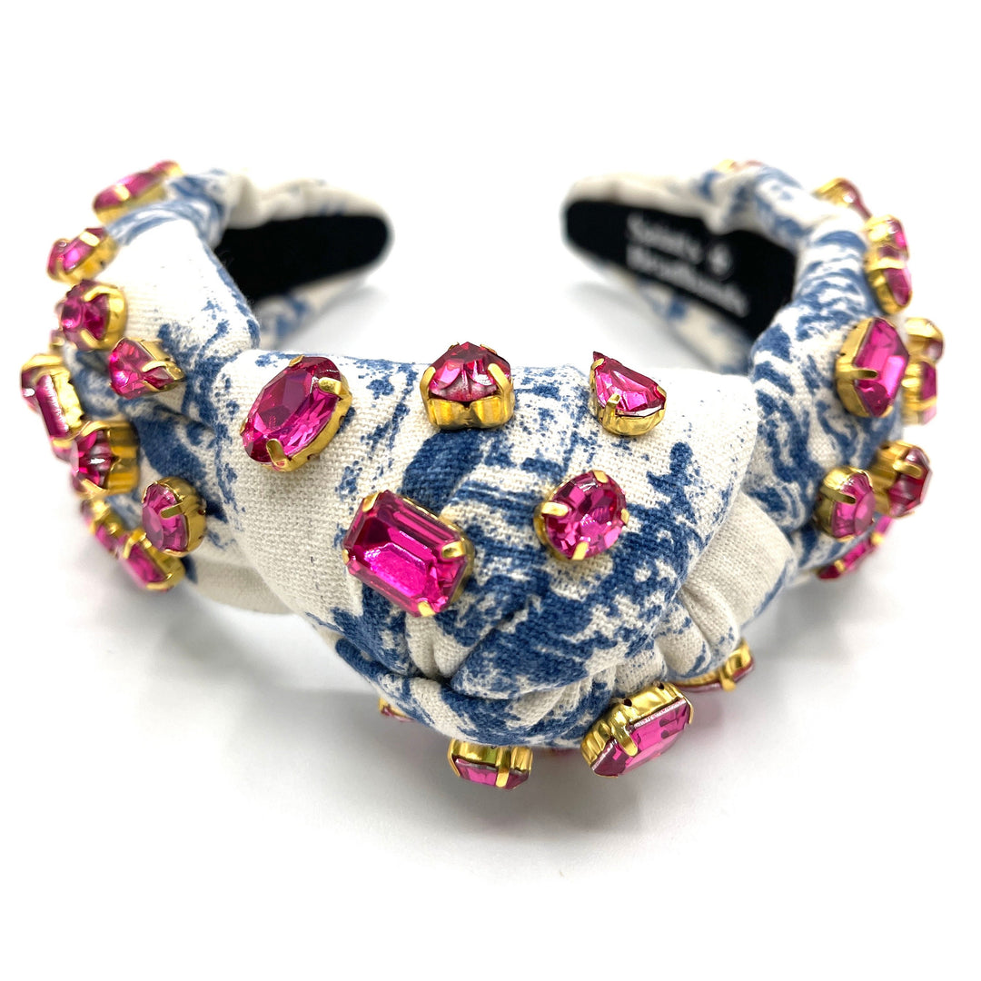 Blue and White Floral Knot Headband with Pink Jewels