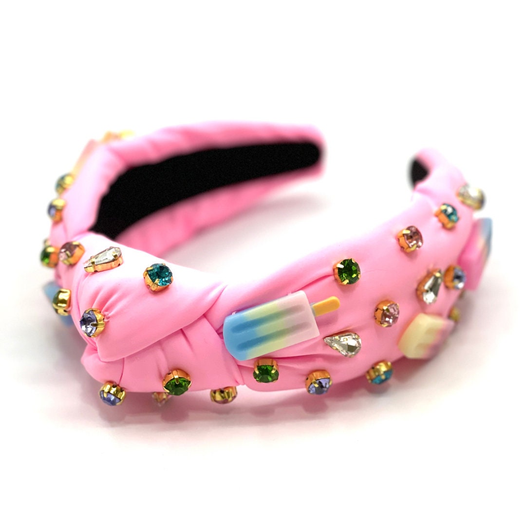 Pink Popsicle Knot Headband with Colorful Gems