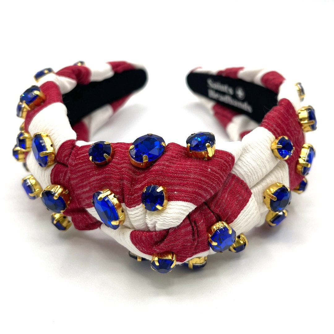 Red, White, and Blue Knot Headband with Blue Jewels