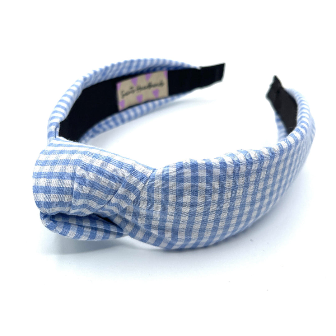 Light Blue Gingham Checkered Knot Headband