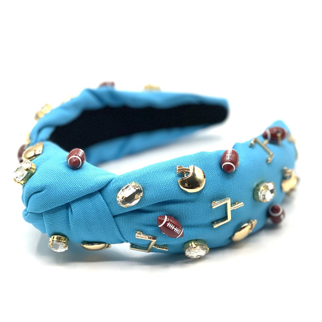 Light Blue Gameday Knot Headband with Football Charms and Jewels