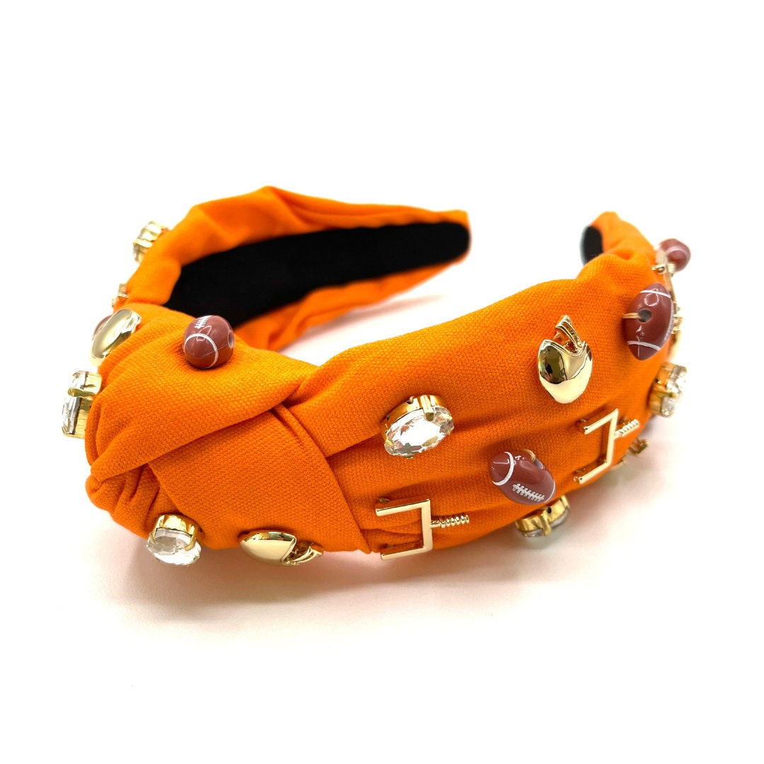 Orange Gameday Knot Headband with Football Charms and Jewels