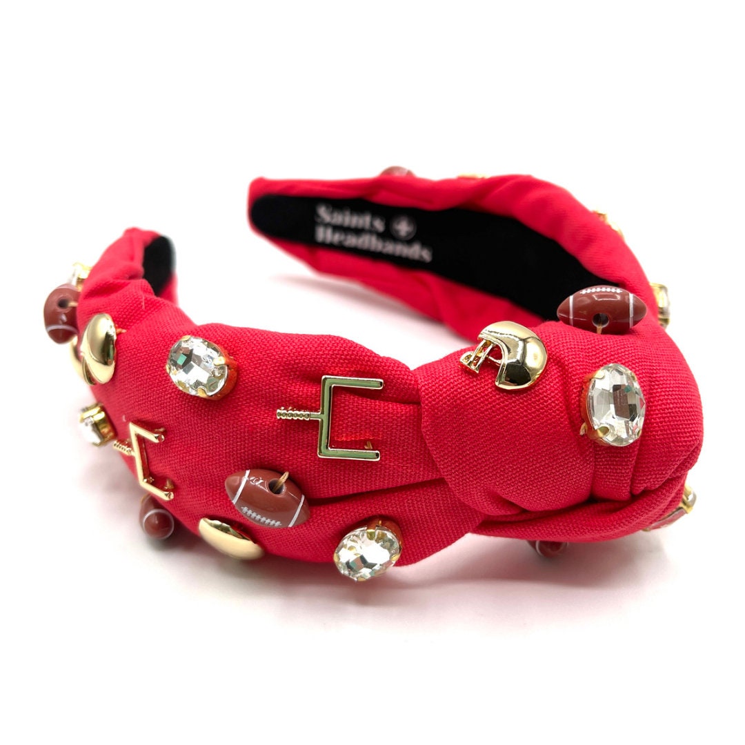 Red Gameday Knot Headband with Football Charms and Jewels