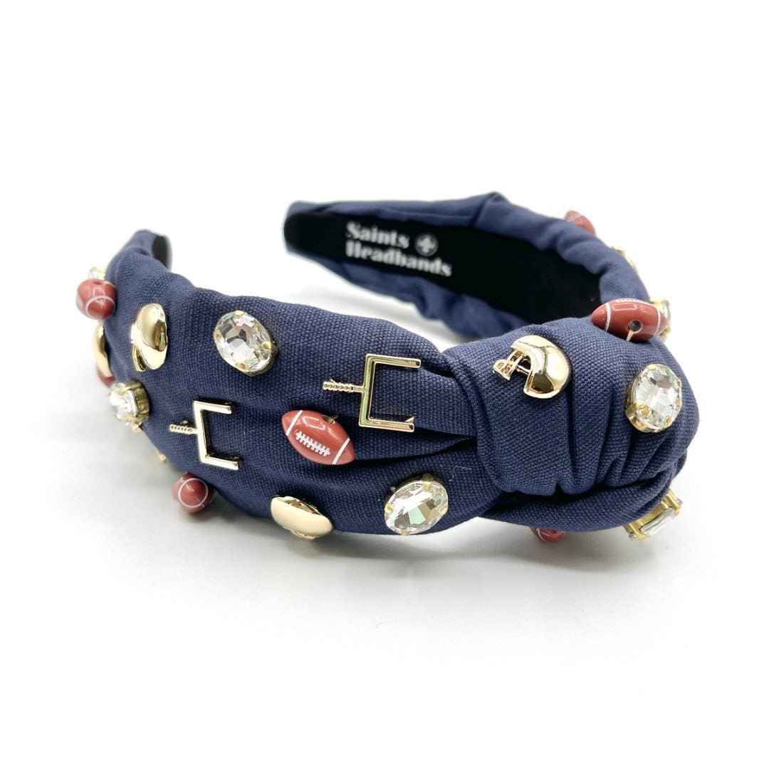 Navy Blue Gameday Knot Headband with Football Charms and Jewels