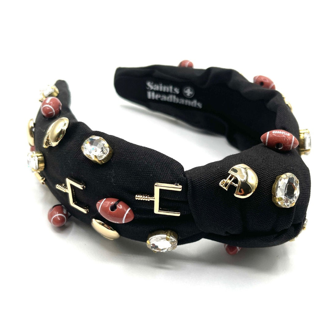 Black Gameday Knot Headband with Football Charms and Jewels