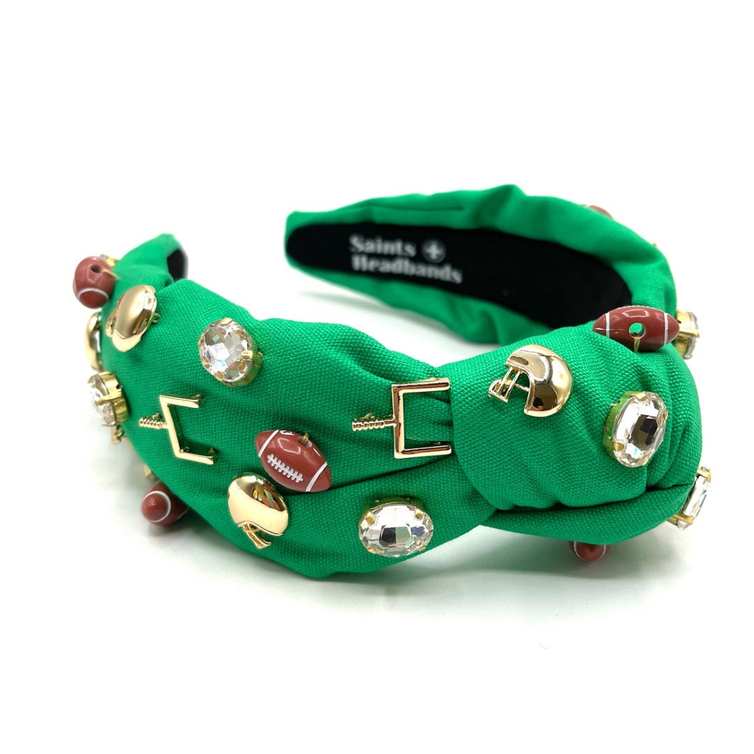 Green Gameday Knot Headband with Football Charms and Jewels