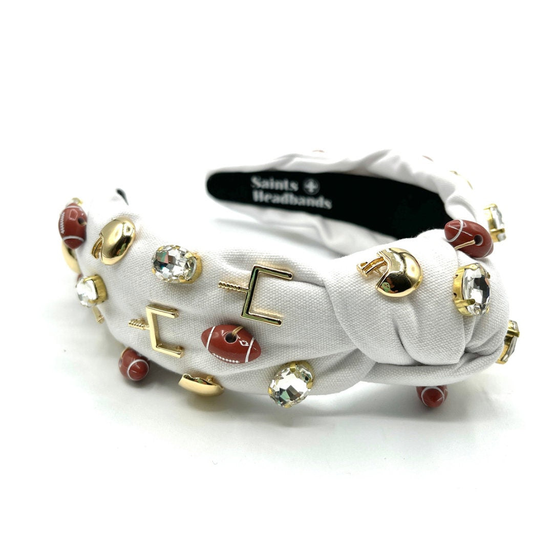 White Gameday Knot Headband with Football Charms and Jewels