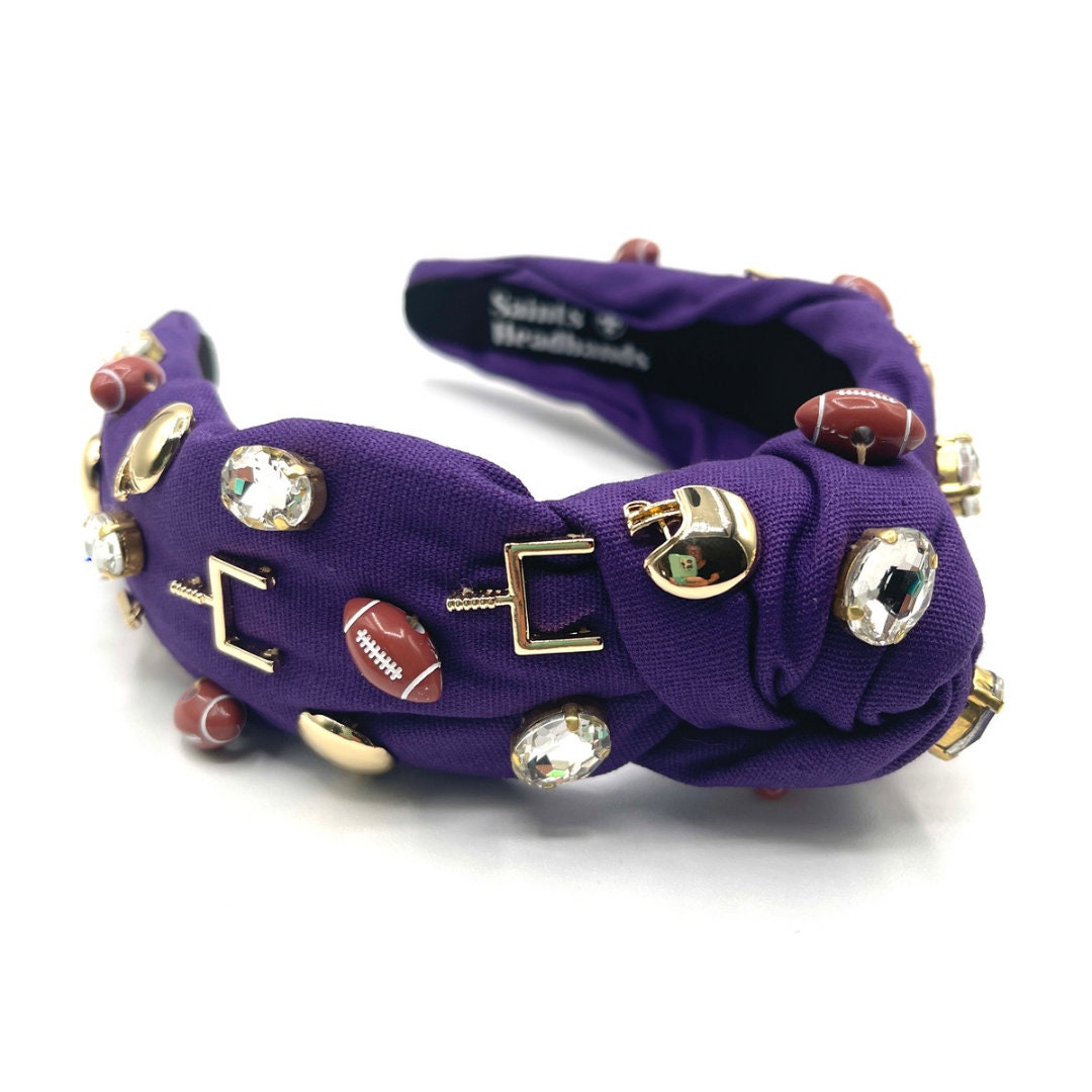 Purple Gameday Knot Headband with Football Charms and Jewels