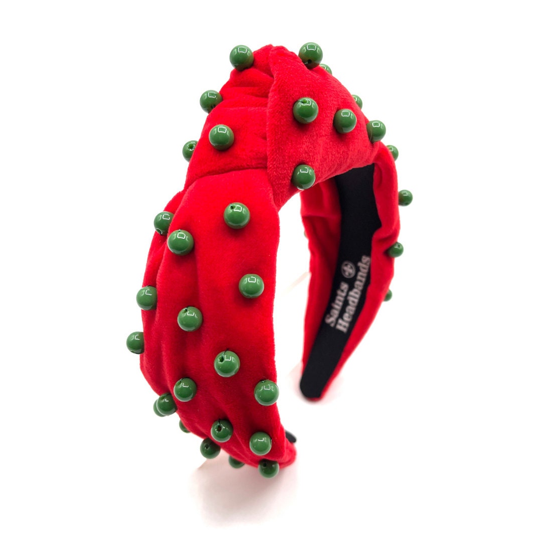 Red Velvet Christmas Knot Headband with Green Beads