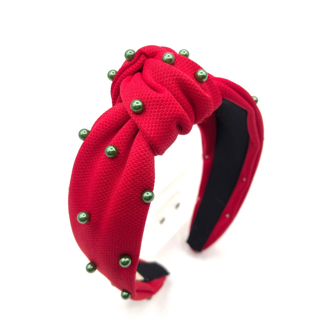 Red and Green Christmas Knot Headband with Pearls
