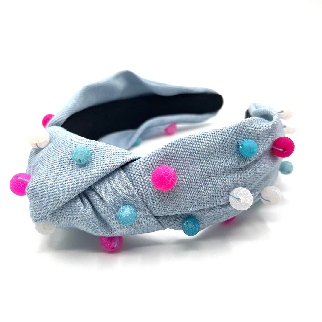 Bubblegum Blue Knot Headband with Colorful Beads