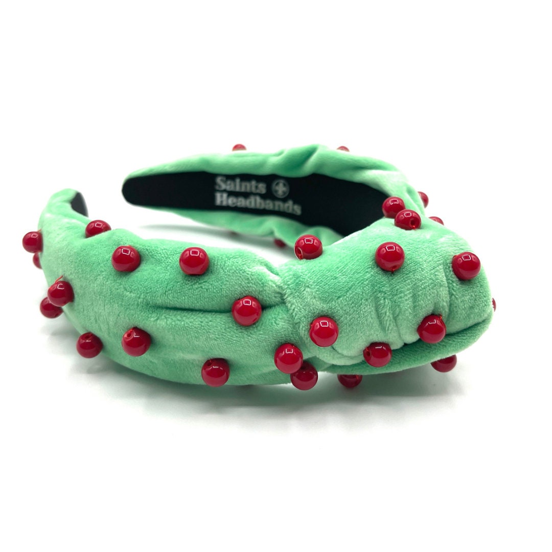 Mint Green Velvet Christmas Knot Headband with Red Beads