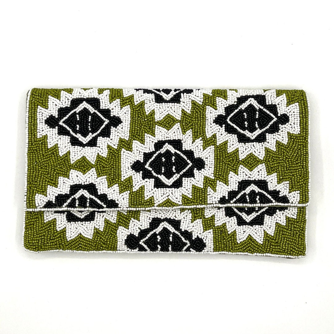 Olive Green Geometric Beaded Clutch