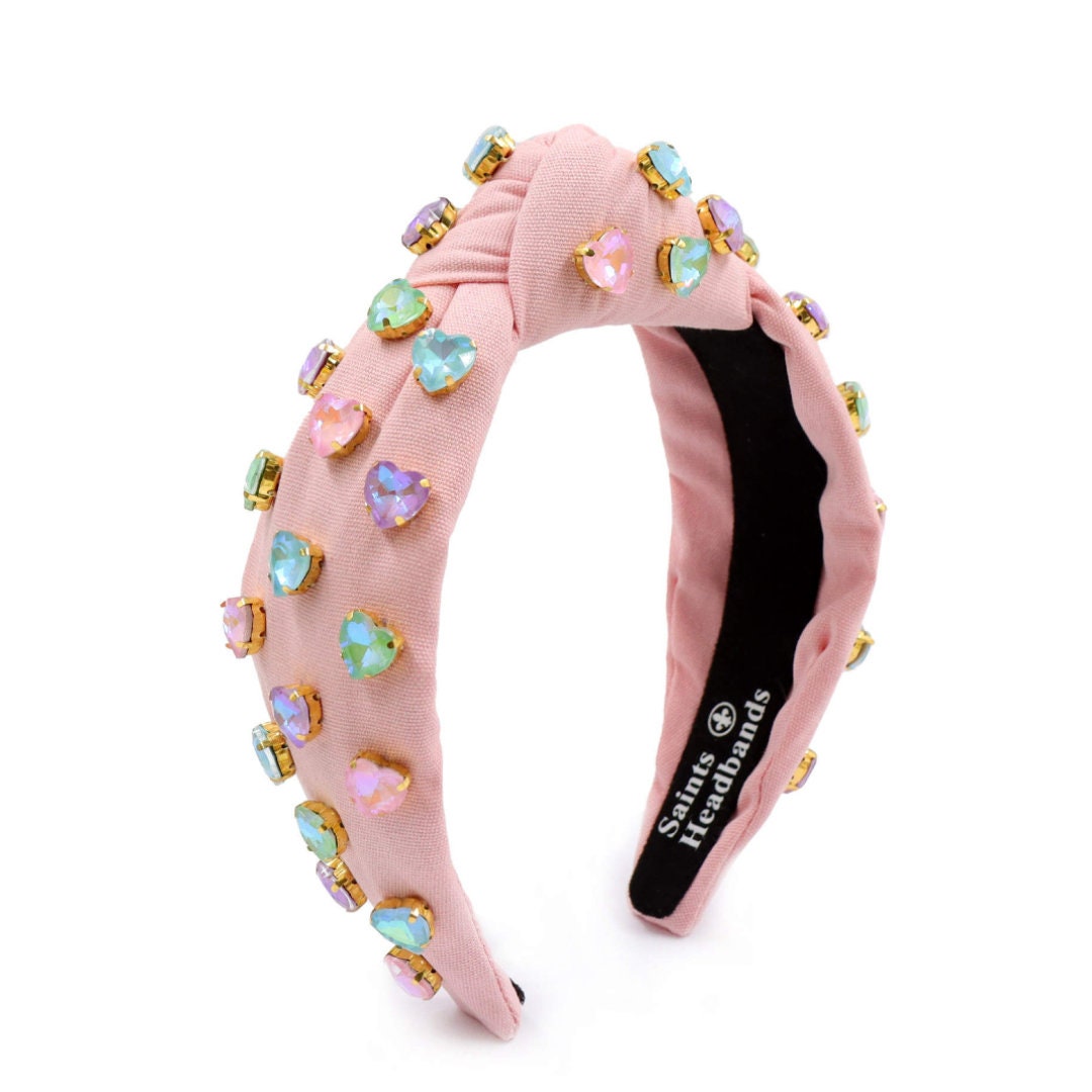 Pink Knot Headband with Heart-Shaped Multicolor Jewels