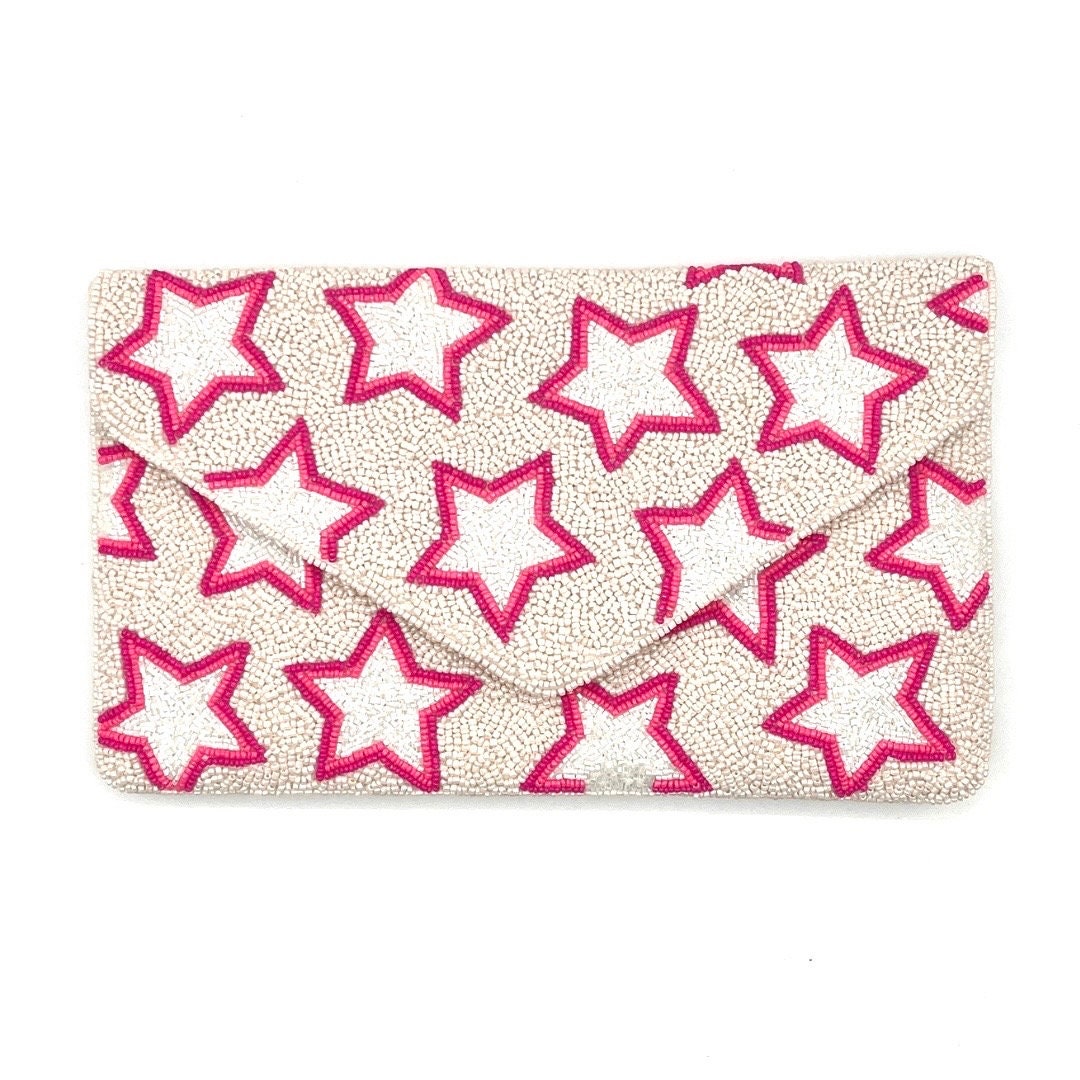 Star Beaded Clutch Pink and White