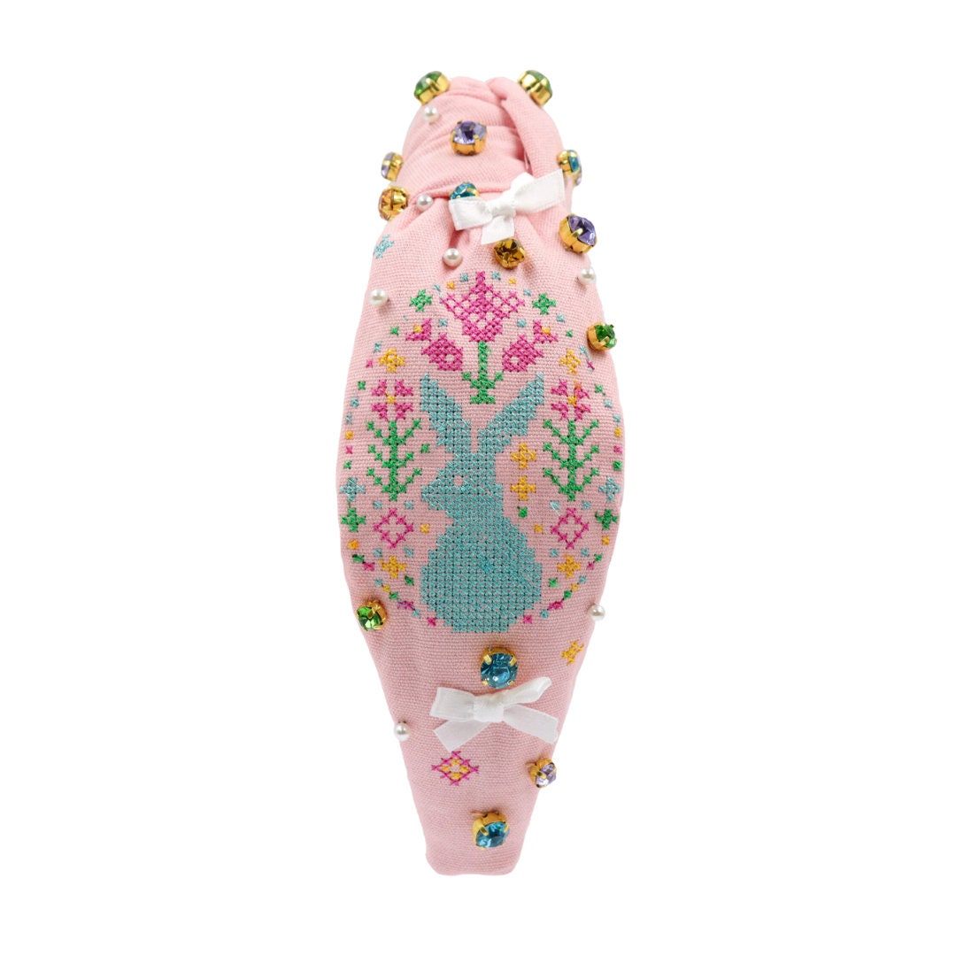 Pink Easter Headband with Bunny Stitch Pattern and White Bows