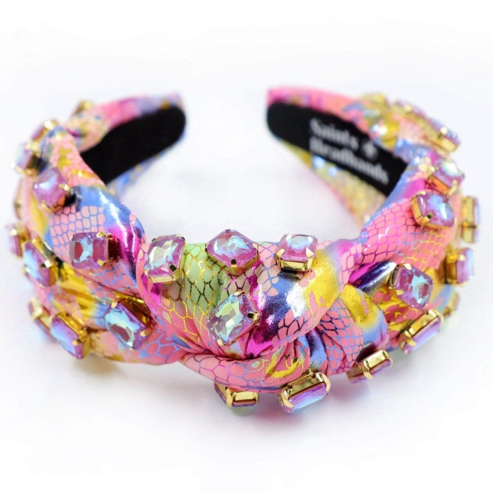 Colorful Snake Skin Print Headband with Iridescent Gems