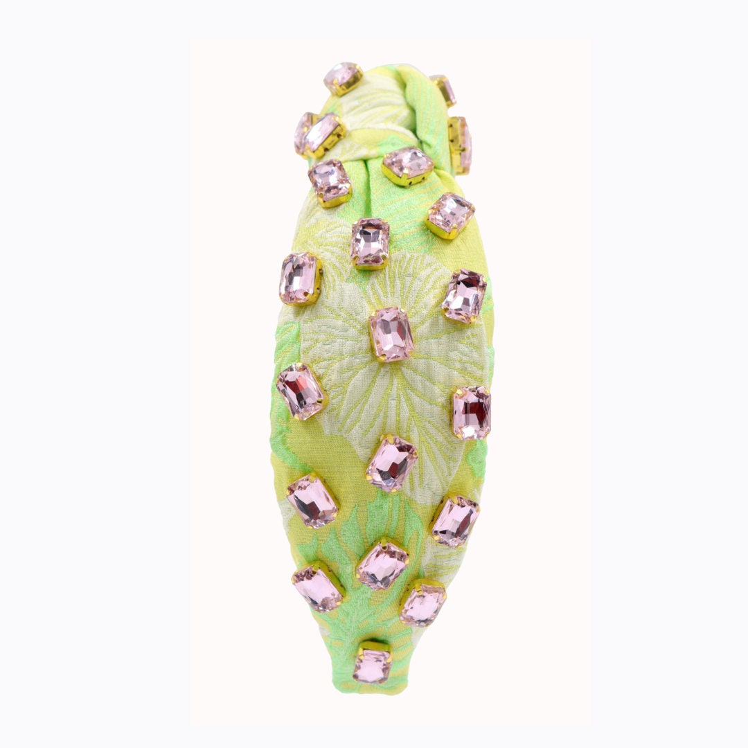 Lime Green Floral Embroidered Headband with Pink Gemstones