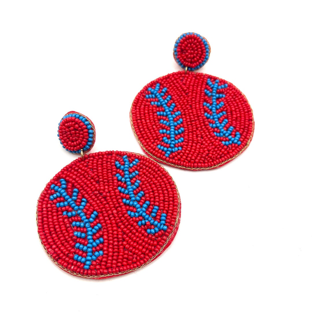 Red and Blue Baseball Beaded Earrings