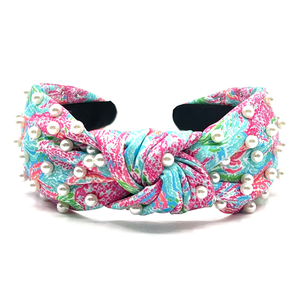 Coral Floral Headband with White Pearls