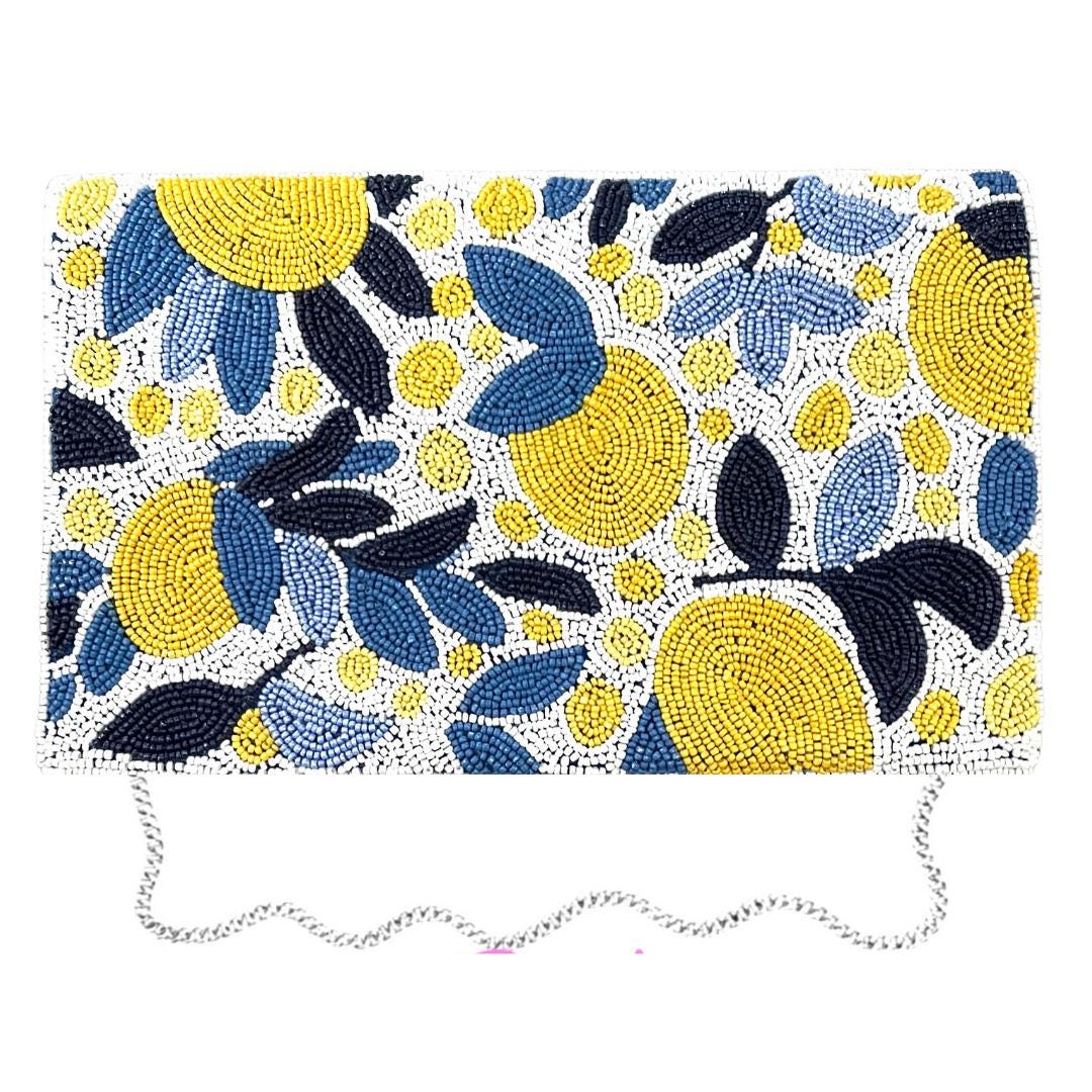 Lemon & Blue Floral Beaded Clutch