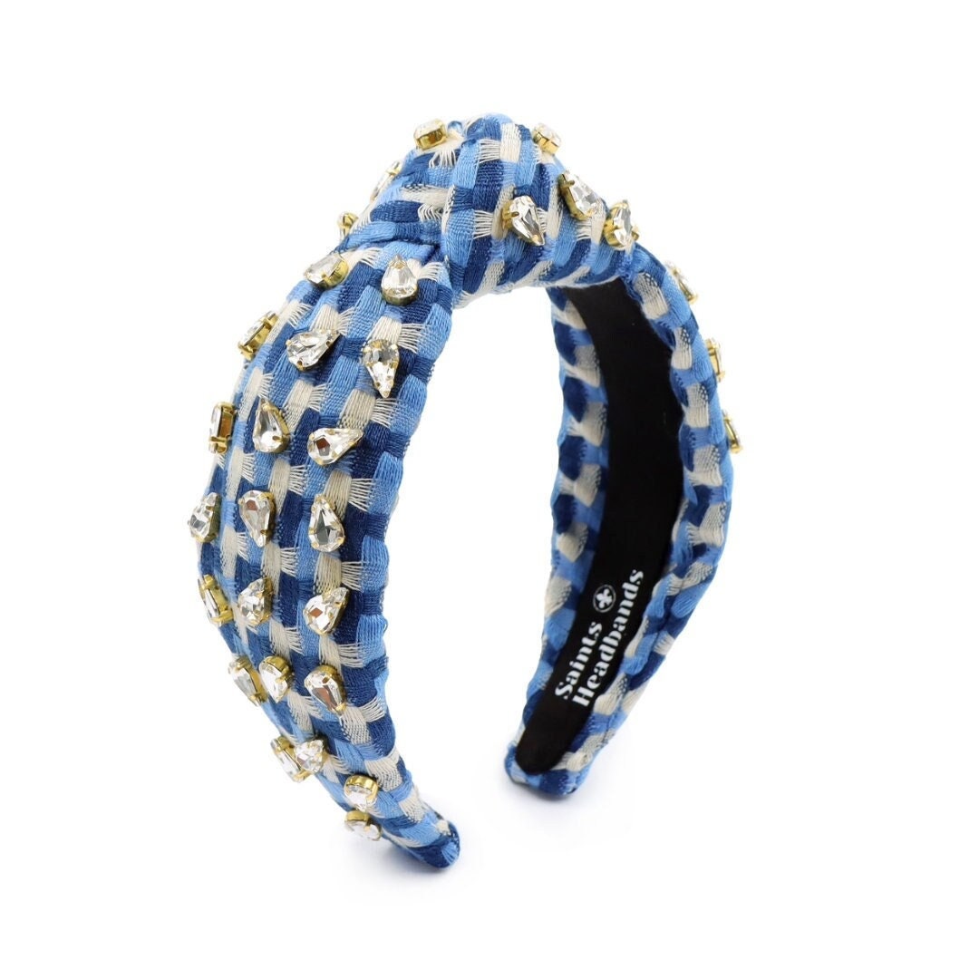 Blue Checkered Rhinestone Knot Headband