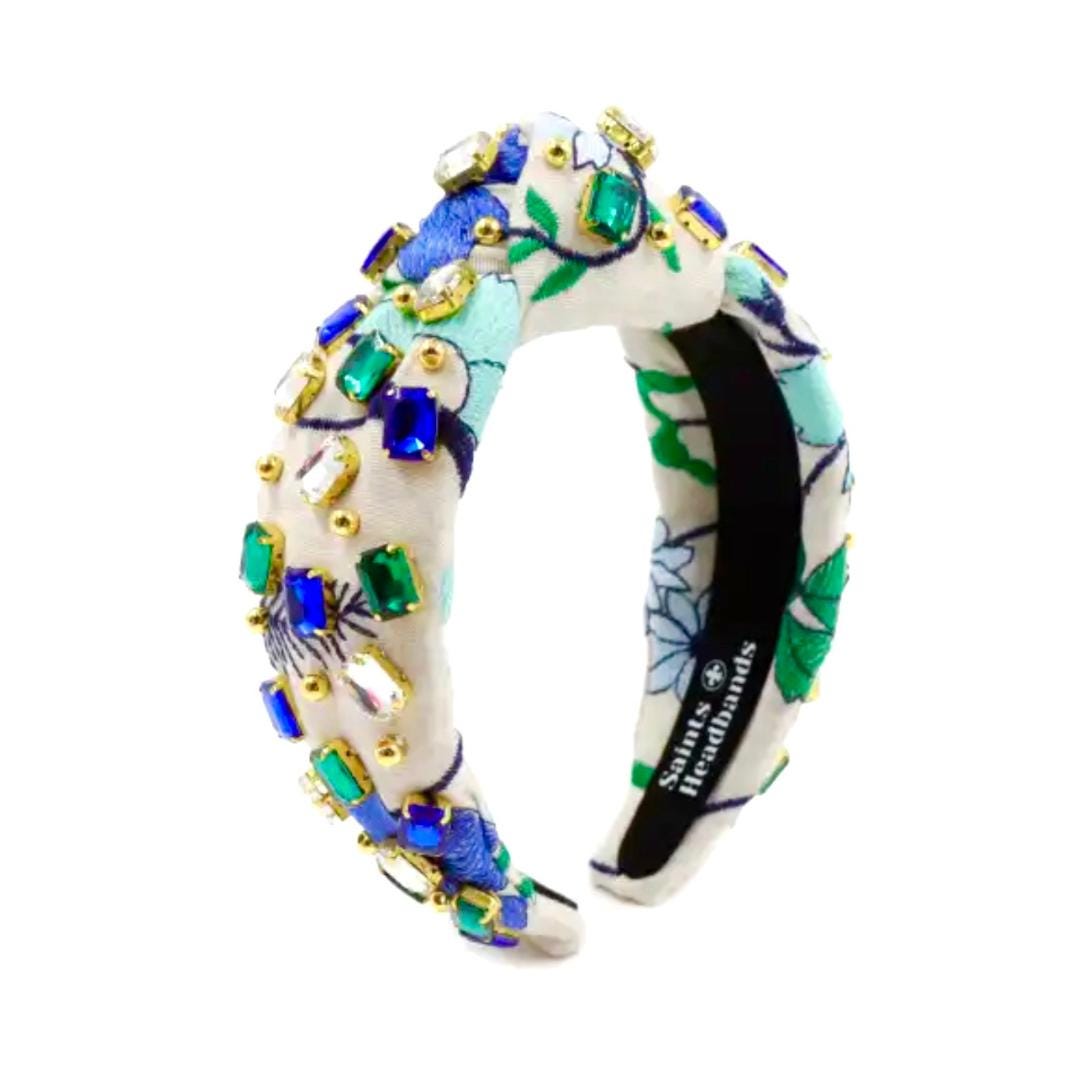 Blue and Green Floral Jeweled Headband