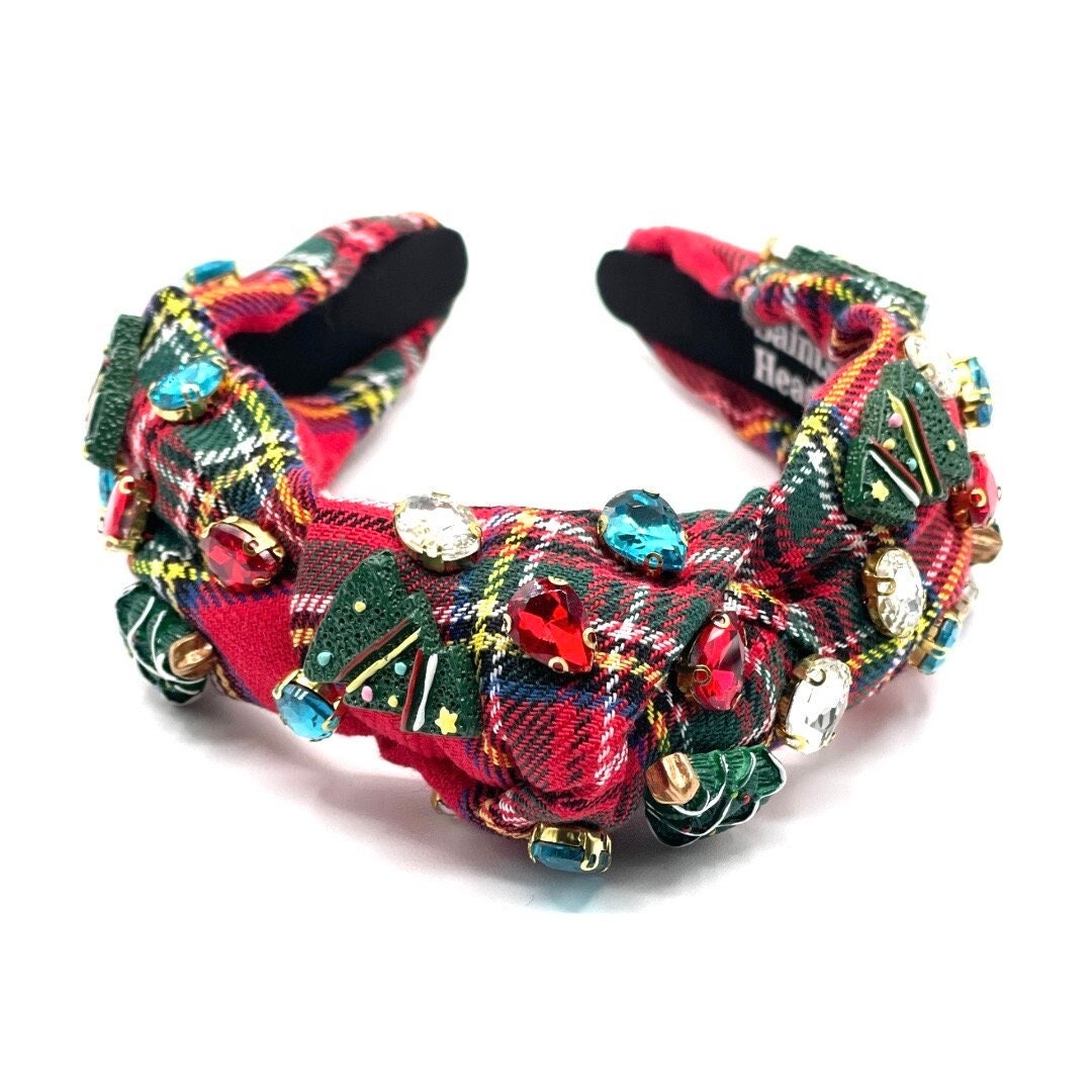 Tartan Plaid Christmas Knot Headband with Jewels and Trees