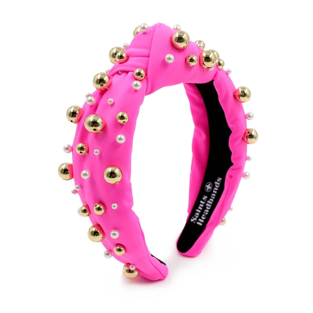 Hot Pink Knot Headband with Gold and White Pearls