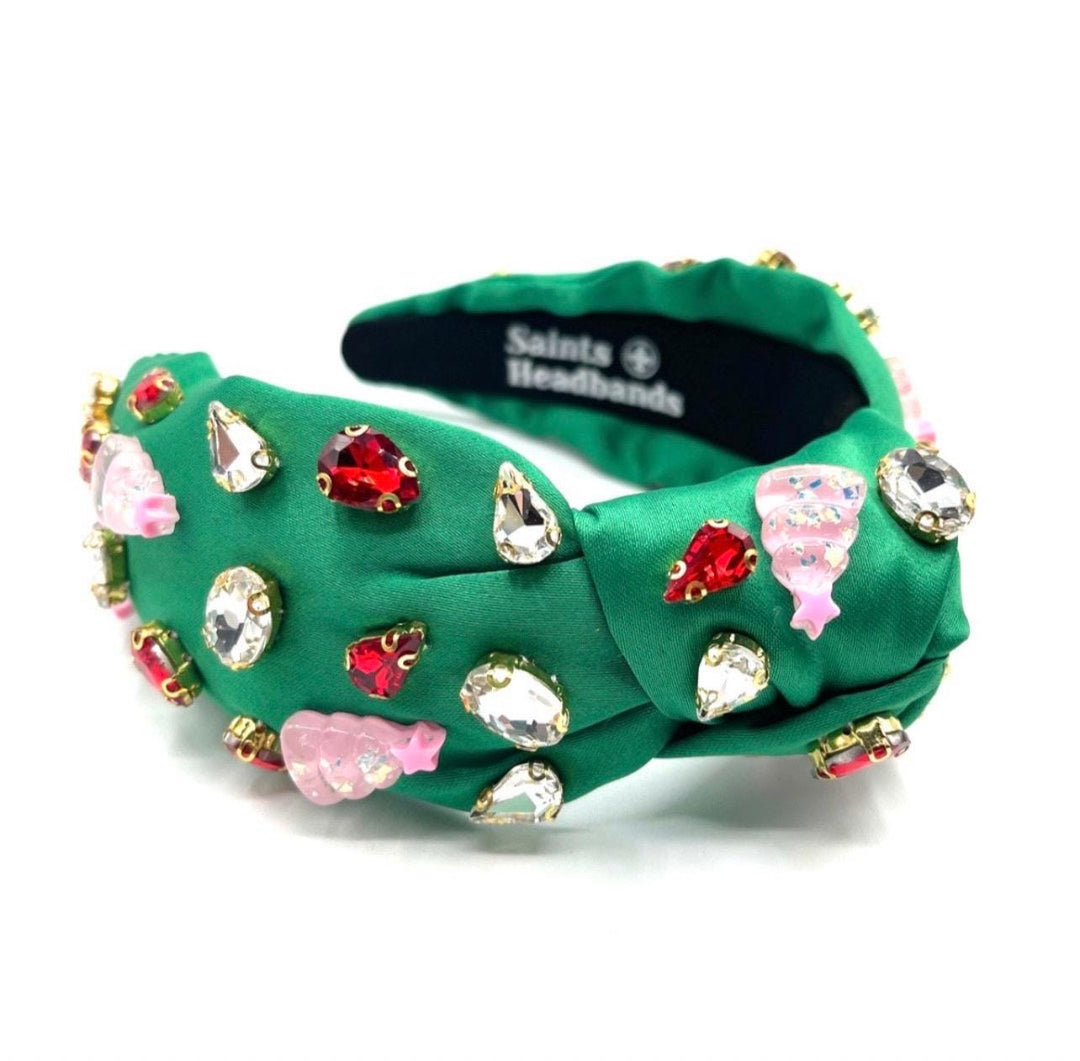 Green Satin Christmas Knot Headband with Red and Pink Jewels