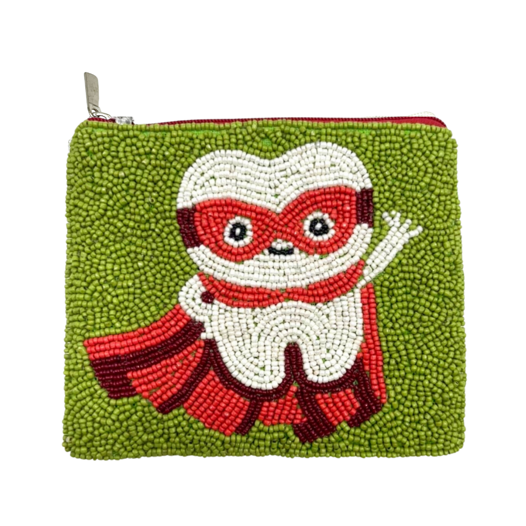 Pouch with a superhero-themed design on a green background