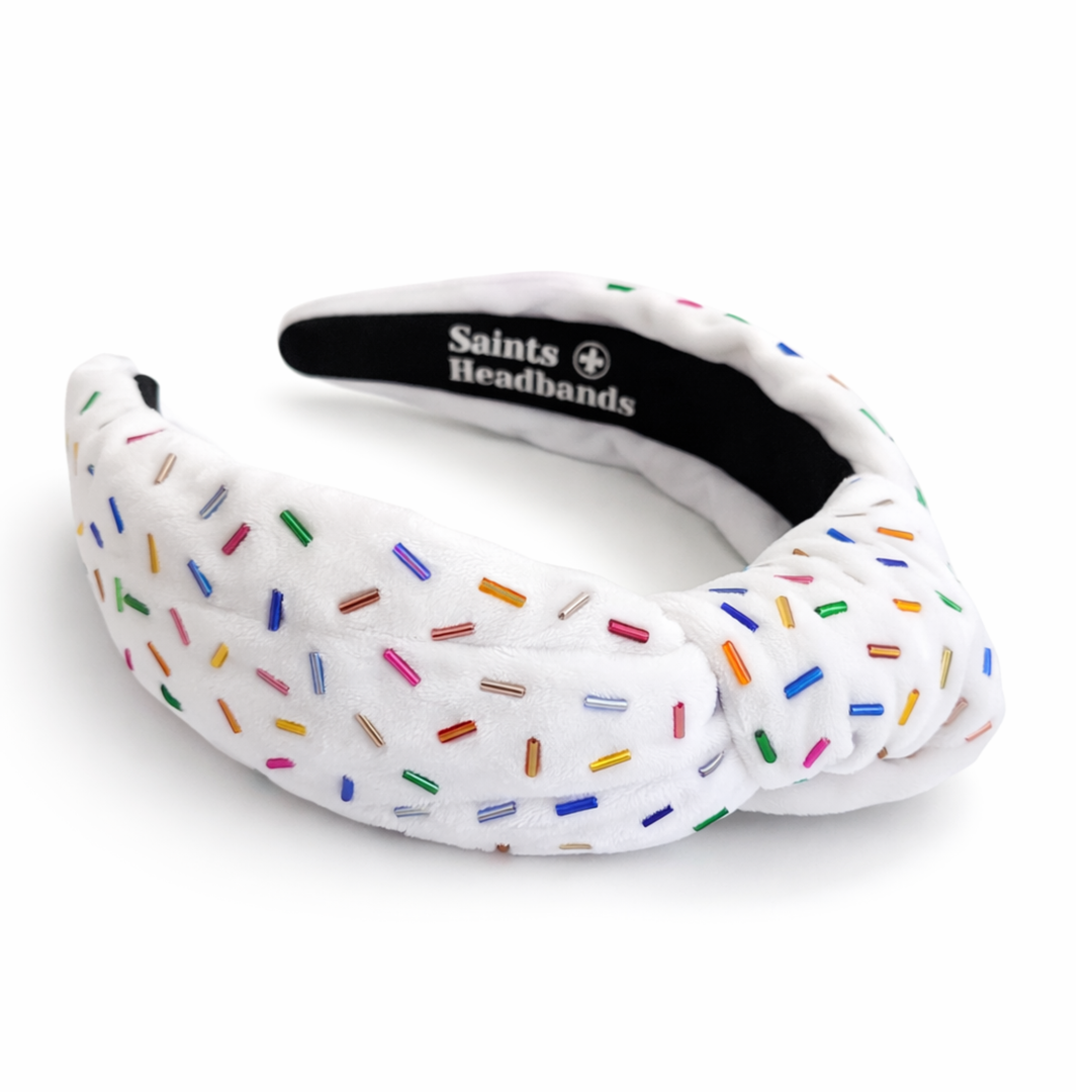 Pink Confetti Sprinkle Headband — side angle showing padded knot detail by Saints Headbands