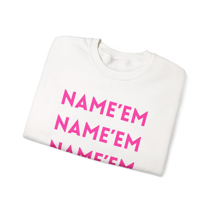 White sweatshirt with pink text &