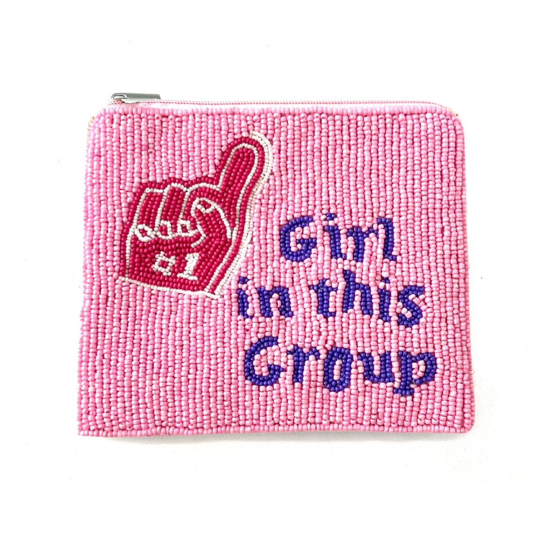 Pink beaded coin purse with white foam finger and text “#1 Girl in This Group.”