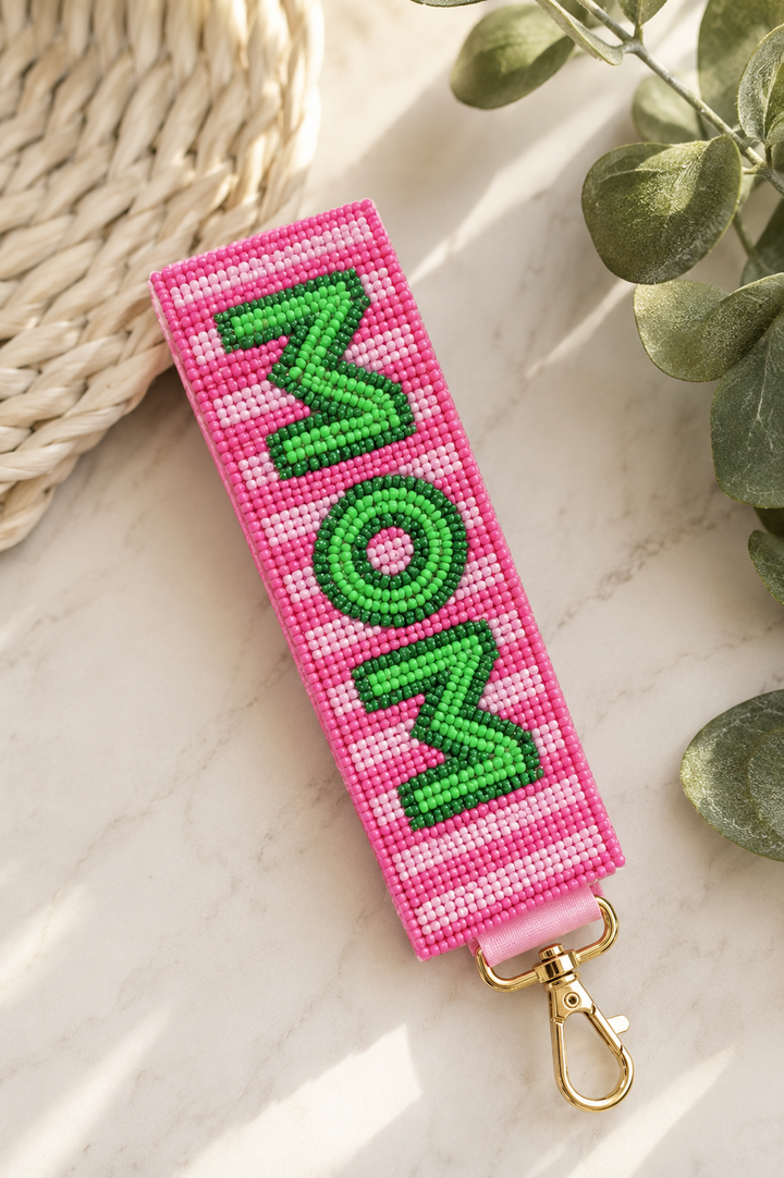 MOM Beaded Wristlet Keychain