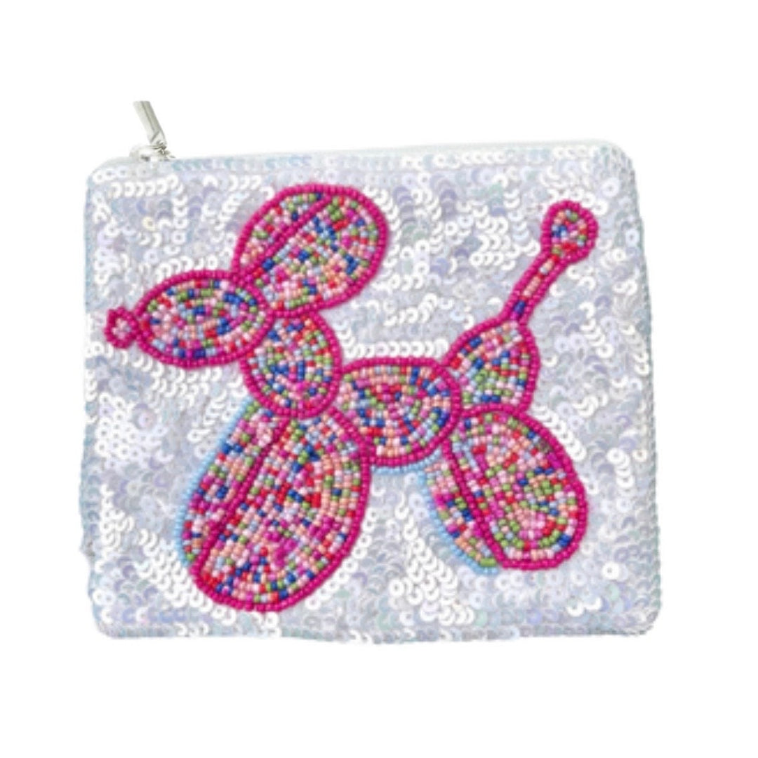 Beaded coin purse with balloon dog beaded design and zip closure by Saints Headbands