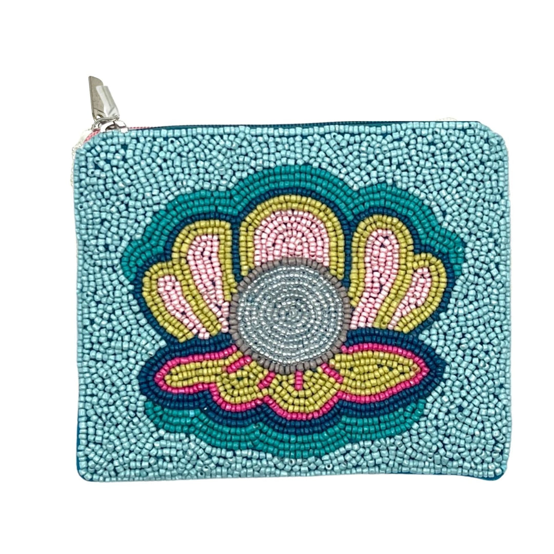 Beaded pouch with a floral design on a white background