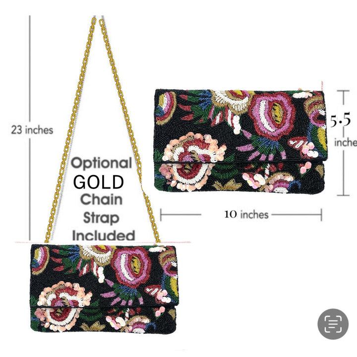 Floral embroidered clutch bag with gold chain strap and measurements on a white background