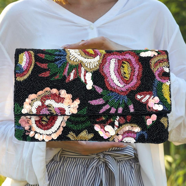 Black Sequin Clutch Beaded Bag, Floral Beaded Purse, Vibrant Crossbody Purse